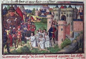 Fol.286v Wie die Einwohner von Babylon Alexander dem Großen (356-323 v. Chr.) die Schlüssel der Stadt übergaben, aus dem Manuskript von Jean Vauquelin, aus der Histoire du Grand Alexandre, 1460 von French School