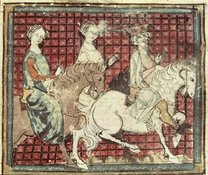 Fol.31r Chilperic I (543-97) und Fredegonde zu Pferd, aus den Grandes Chroniques de France, 1375-79
