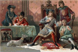 Zur Ablenkung spielte der König von Frankreich Karl VI. (1368-1422) Karten. Chromolithographie um 1890.