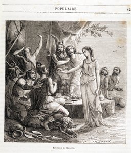 Gründung von Marseille: die französische Stadt wurde 600 v. Chr. von griechischen Seefahrern gegründet. Gravur in „Histoire de France populaire“ von Henri Martin. 19. Jahrhundert von French School