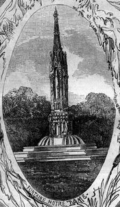 Brunnen von Paris: Ansicht des Brunnens der Jungfrau (Notre Dame Brunnen) (um 1845). Gravur in „Le Monde Illustré“ Nr. 254 vom 22. Februar von French School
