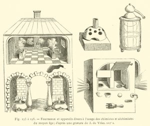 Öfen und verschiedene Geräte für Chemiker und Alchemisten des Mittelalters von French School