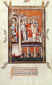 Sisinnius zeigt St. Denis und seinen Gefährten die Leichen anderer Märtyrer, aus Vie de St. Denis, 1317