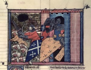 Berittene Kreuzritter kämpfen gegen die Sarazenen um 1185, aus Le Roman de Godefroi de Bouillon von French School