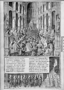 Fr 5594 fol.19 Wie Papst Urban II. (1042-99) die Rückeroberung der Grabeskirche auf dem Konzil von Clermont-Ferrand predigte, Illustration aus Les Passages d