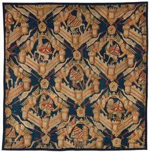 Fragment eines heraldischen Wandteppichs, das die Wappen von Beaufort, Turenne und Comminges darstellt, hergestellt in Paris oder Arras (Wolle)