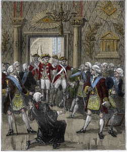 Freimaurerei im Hotel de Soisson in Paris im Juni 1745: Freimaurerzeremonie unterbrochen durch das Eintreffen eines Polizeikommissars. Gravur in „Paris a travers les siècles“, Gourdon de Genouillac 1880.