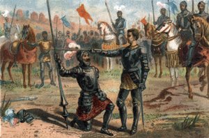 Franz I. von Frankreich bittet den Chevalier Bayard nach dem Sieg in der Schlacht von Marignano, Italien, zum Ritter geschlagen zu werden.