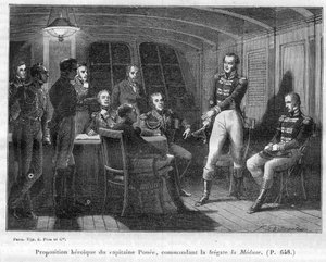 Francois Ponee II (1775-1863), der Kommandant der La Meduse, napoleonischer Getreuer, bietet dem Kaiser an, allein gegen Le Bellerophon zu kämpfen - in „Geschichte des Reiches nach der Geschichte des Konsulats“ von Adolphe Thiers -1879 - private Sammlung von French School