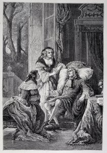 François de La Rochefoucauld (1613-1680) spricht mit Mademoiselle de Sévigné (Marie de Rabutin-Chantal), Marquise de Sévigné genannt Madame de Sévigné (1626-1696) und Marie-Madeleine Pioche de La Vergne, Gräfin von La Fayette (Madame de La Fayette)