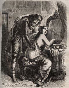 Fredegonde (545-597) nimmt ihren Ehemann, König der Franken Chilperic I. (543-597), für ihren Liebhaber, Landeric. Der König entdeckt, dass seine Frau ihn betrügt. Gravur von 1871 in „Histoire Des Cocuses Celebres“ von Henry de Kock (1819-1892)