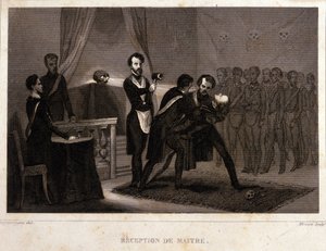 Freimaurerei: Empfangs- und Initiationsritus des Meisters. Gravur aus „Picturesque Histoire de la Franc Maçonnerie et des Sociétés Secrètes antique et modernes“ von F.-T. B. Clavel. Pagnerre, Herausgeber. 1843. von French School
