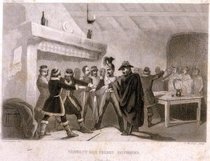 Freimaurerei: der Eid der Brüder Schnitter in Potok im Jahr 1821. Stich aus „Bildergeschichte der Freimaurerei und der antiken und modernen Geheimgesellschaften“ von F.-T. B. Clavel. Pagnerre, Herausgeber. 1843.