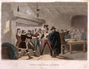 Freimaurerei: Der Eid der Brüder Schnitter in Potok im Jahr 1821. Gravur aus „Picturesque Histoire de la Franc Maconnerie et des Societes Secretes antique et modernes“ von F.-T. B. Clavel. Pagnerre, Herausgeber. 1843 von French School