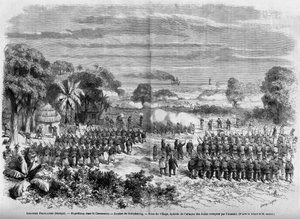 Französische Kolonien (Senegal) 1865: Expedition in Casamance. Schlacht von Guimbering, Eroberung des Dorfes, Episode des Angriffs auf die von Feinden besetzten Dünen von French School