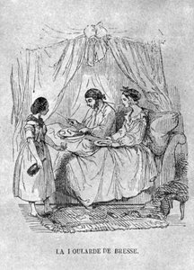 Französische Illustration einer Person mit Gicht im Bett, 1848
