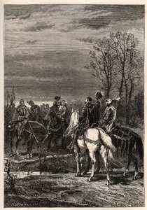 Französische Religionskriege - Oktober 1569 Religionskrieg - Die Gespräche vor der Schlacht von Moncontour (Henri, Herzog von Anjou, zukünftiger Heinrich III. und Gaspard II. von Coligny - Die Schlacht von Moncontour (Oktober 1569) - Gravur aus „Die Geschi von French School