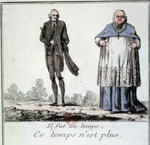 Französische Revolution: Karikatur über das Verschwinden der Privilegien des Klerus, dargestellt durch einen mageren Priester und einen korpulenten und fetten Bischof aus der Zeit des Ancien Régime. Gravur von 1790. Paris, Bibliothek des Arsenal von French School