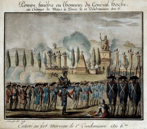 Französische Revolution: Zeremonie der Trauerfeier zu Ehren von General Lazare Hoche (1768-1797) auf dem Marsfeld in Paris am 10. Fructidor Jahr 6. Gravur von 1797. Versailles, Lambinet-Museum von French School