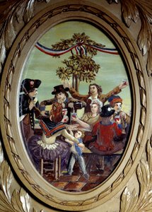 Französische Revolution: Das republikanische Mahl im Café Le Procope in Paris Anonymes Gemälde. 18. Jahrhundert Paris, Le Procope