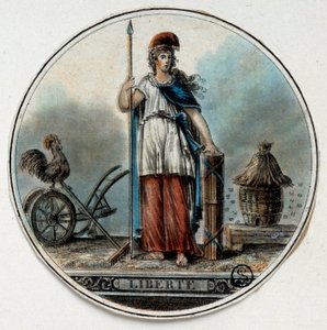 Französische Revolution: Allegorie der Freiheit als Frau in der Nähe eines Bienenstocks und eines Hahns. Ende des 18. Jahrhunderts. Paris, B.N.