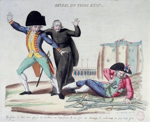 Französische Revolution: das Erwachen des Dritten Standes (Dritter Stand). Karikatur über die drei Stände. Er befreit sich von seinen Ketten unter den erschrockenen Augen der Armee und der Geistlichen. Französischer Druck von 1789. Paris, B.N. von French School