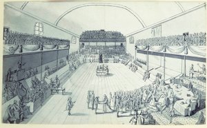 Französische Revolution: die Geburt der Verfassung im September 1791 verfasst von Guy Jean-Baptiste Target (1733-1807) im Raum des Jeu de Paume in Versailles, wo die Abgeordneten am 20.06.1789 einen Eid abgelegt hatten. Anonyme Zeichnung um 1791. Paris, Lo