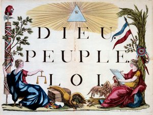 Französische Revolution: das göttliche Dreieck, das Gott, das Volk und das Gesetz erleuchtet, die Allegorien von Frankreich, Gerechtigkeit, Überfluss und der Republik. Gravur von 1794. Paris, Bibliothek des Arsenal