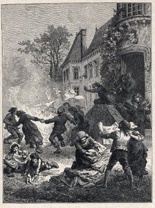 Französische Revolution: Die Bauern verbrannten ihre feudalen Titel und tanzten um das Feuer, um die Abschaffung der Privilegien im August 1789 zu feiern. Gravur von 1889. Private Sammlung von French School
