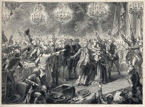 Französische Revolution: die Royalisten schwören der Monarchie in Anwesenheit von König Ludwig XVI. (1754-1793), Königin Marie Antoinette (1755-1793) und dem Delfin beim Bankett der Leibwächter am 1. Oktober 1789 in der Orangerie von Versailles die Treue von French School