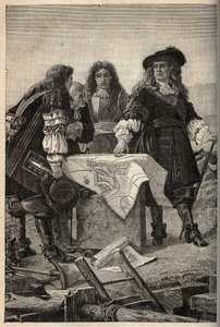 Der französische Architekt Vauban entwirft die Pläne für die Befestigungen von Belfort (Ostfrankreich) auf Wunsch von Ludwig XIV. im Jahr 1687 - Sebastien Le Prestre de Vauban gibt die Pläne der Befestigungen von Belfort - Gravur in „PATRIE“ - DESCRIPTION 