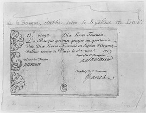 Französischer Geldschein über zehn Pfund von der Law Bank, datiert 1. April 1719
