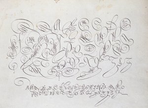 Französische Kalligraphie: Platte der Hauptstadt, Gravur von Frisius, Kalkograph des Königs von Robert Vignon im Garten des Schreibens um 1600. von French School
