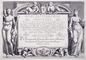 Französische Kalligraphie: Poecilographie, Frontispiz, von Baptiste de Beaugrand im Jahr 1606. von French School