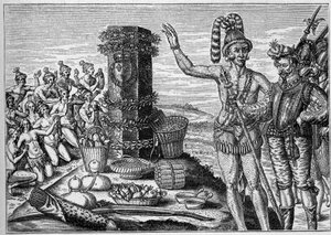 Französische Kolonie in Amerika: Floridianer lieben die Gedenksäule, die von Rene de Laudonniere 1564 zur Erinnerung an die spanischen Angriffe auf die französischen protestantischen Kolonien errichtet wurde. Aus einer Gravur des 16. Jahrhunderts. In „La M