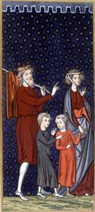 Französische Familie im 14. Jahrhundert - in „Sumptuary arts of costume and furniture“, ed. Mangard-Maugé von French School