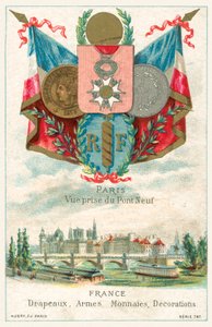 Französische Flaggen, Waffen, Münzen und Auszeichnungen und ein Blick auf Paris von der Pont Neuf