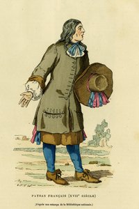 Französisches Bauernkostüm im 18. Jahrhundert. Farbgravur nach einem Druck der Nationalbibliothek, in „Frankreich und die Franzosen durch die Jahrhunderte“ von Augustin Challamel, F. Roy Herausgeber, Paris 1882. Sammlung Selva. von French School