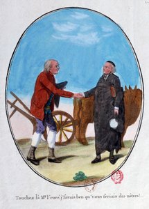 Französische Revolution: ein Bauer und ein Priester schütteln sich die Hände. „Berühre den Herrn, ich wusste, dass du einer von uns sein würdest.“ Karikaturgravur aus dem späten 18. Jahrhundert. Paris, Bibliothek des Arsenal von French School