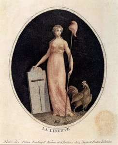 Französische Revolution: Allegorie der Freiheit in Gestalt einer Frau, die eine phrygische Mütze auf einem Speer trägt, mit einem Hahn zu ihren Füßen. Druck aus dem späten 18. Jahrhundert Paris, Musée Carnavalet