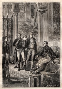Friedrich Konrad Hornemann (1772-1801) traf Napoleon Bonaparte in Kairo 1797 in Anwesenheit von Gaspard Monge (1746-1818) und Claude Louis Berthollet (1748-1822) - Illustration aus „Die großen Seefahrer des 18. Jahrhunderts“ von French School