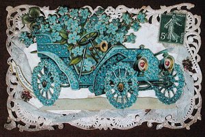 Freundschaftsgrußkarte mit einem mit Blumen bedeckten Auto, frühes 20. Jahrhundert