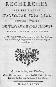 Frontispiz des Buches „Untersuchungen über die Durchführung aller Arten von hydraulischen Arbeiten unter Wasser“ von Coulomb von French School