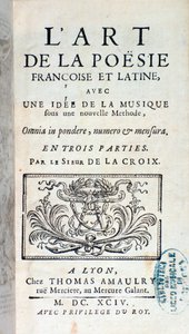 Frontispiz von Die Kunst der französischen und lateinischen Poesie, mit einer Idee der Musik unter einer neuen Methode von Pherotee La Croix