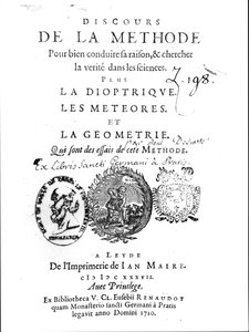 Frontispiz des Discours de la Methode gefolgt von La Dioptrique, Les Meteores et La Geometrie von Rene Descartes (1596-1650), erstmals veröffentlicht in Leiden 1637 von French School