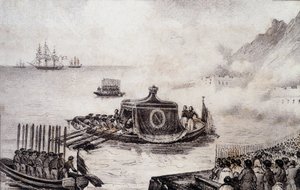 Begräbnis von Napoleon I.: Abfahrt von St. Helena - Zeichnung von Levilly, in "Historisches Gemälde des Begräbnisses von Napoleon" von M. St Maurice, ca. 1851 von French School