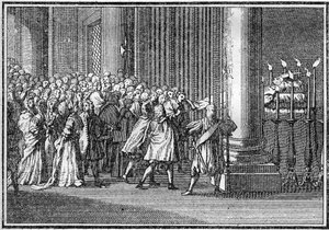 Begräbnis eines Papstes im 18. Jahrhundert: der Leichnam des Papstes wird drei Tage in der Kirche St. Peter in Rom ausgestellt. Gravur in „Histoire des religions“. von French School
