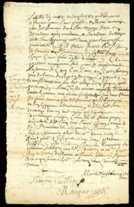 Pelzhandelsvertrag zwischen Francois Francoeur und vier Voyageuren für den Transport von Waren und den Kauf von Biberfellen in Michilimackinac und Chicago, 1692