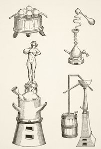 Ofen, Retorten, Destillierapparate, die von Chemikern und Alchemisten im 16. Jahrhundert verwendet wurden, aus Wissenschaft und Literatur im Mittelalter von Paul Lacroix (1806-84), veröffentlicht in London 1878