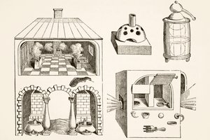 Öfen und verschiedene Apparate, die von Chemikern und Alchemisten im Mittelalter verwendet wurden, nach einem Stich von Vriese, aus Wissenschaft und Literatur im Mittelalter von Paul Lacroix, veröffentlicht in London 1878 von French School